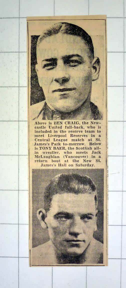 1939 Footballer Ben Craig Newcastle United Wrestler Tony Baer