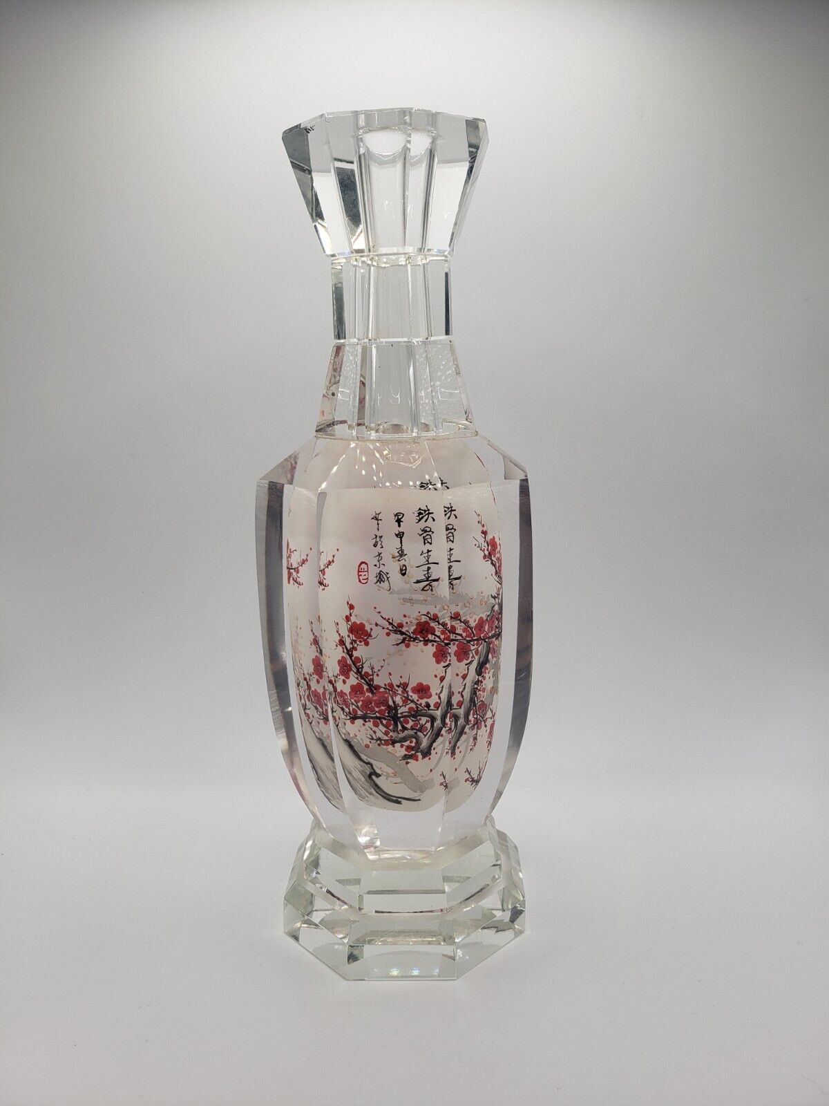 MCM Chinese Reverse Painted Crystal Octagonal Bud Stem Vase Cherry Blossoms 8.5