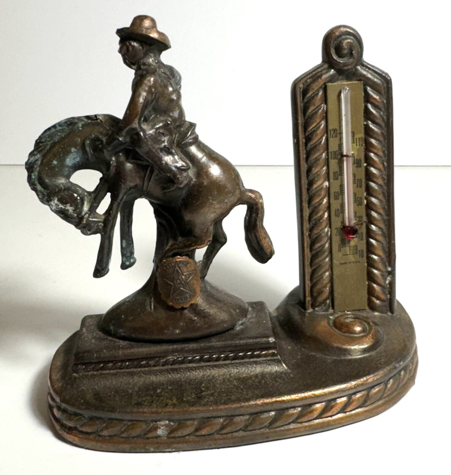 Vintage Bronze Thermometer With Cowboy On Bucking Bronco And Dallas Texas Star