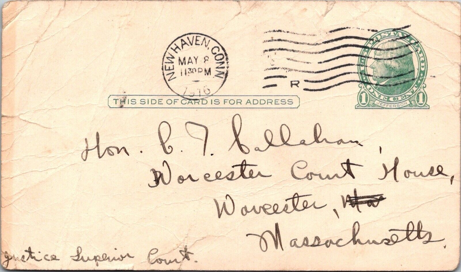 1916 New Haven Connecticut To Massachusetts Postal Card Wrinkled Damaged T31