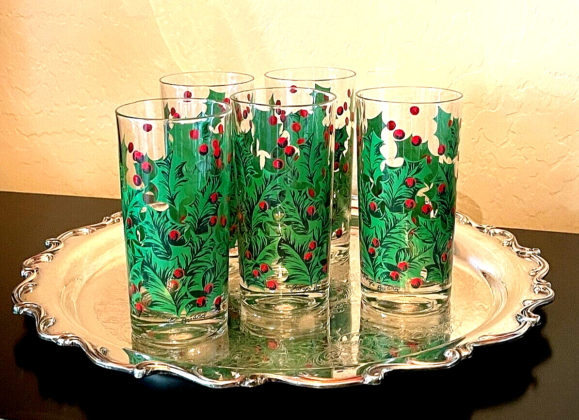 RARE Vintage Set of 5 George Briard Holly & Berry High Ball Glasses