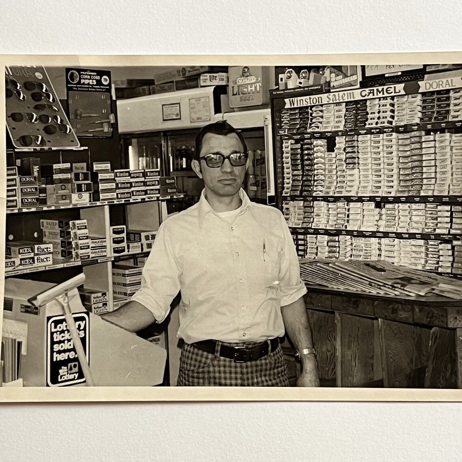 Vintage 70s Snapshot Photograph Convenience Store Clerk Cigarettes & Sunglasses
