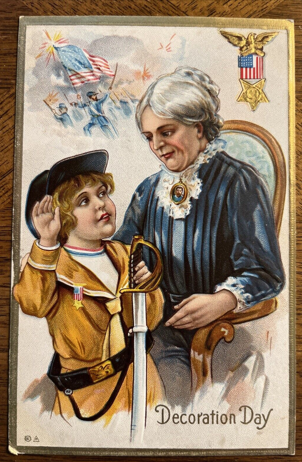 Decoration Day Boy in Uniform & Grandmother Civil War Nash Postcard, Embossed