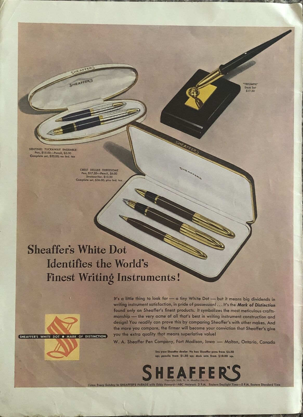 1948 Sheaffer Pen VTG 1940s PRINT AD Ft Madison Iowa White Dot Mark Distinction