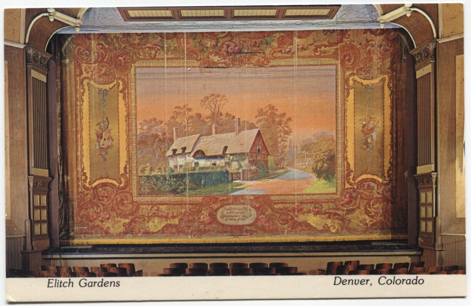 Postcard Chrome Amusement Park Elitch Gardens, Denver, CO, Theater Curtain