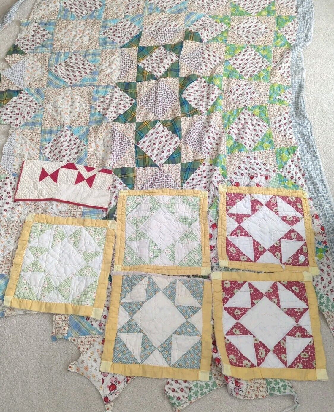 Vintage Quilt Cutter And 5 Quilt Blocks Patchwork Feedsack Multicolored