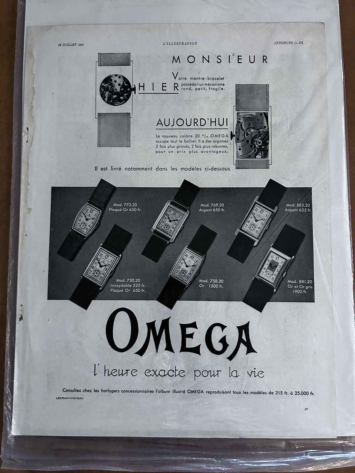 Vintage 1931 Omega Watch Print Ad Watches Advertising L’Illustration French