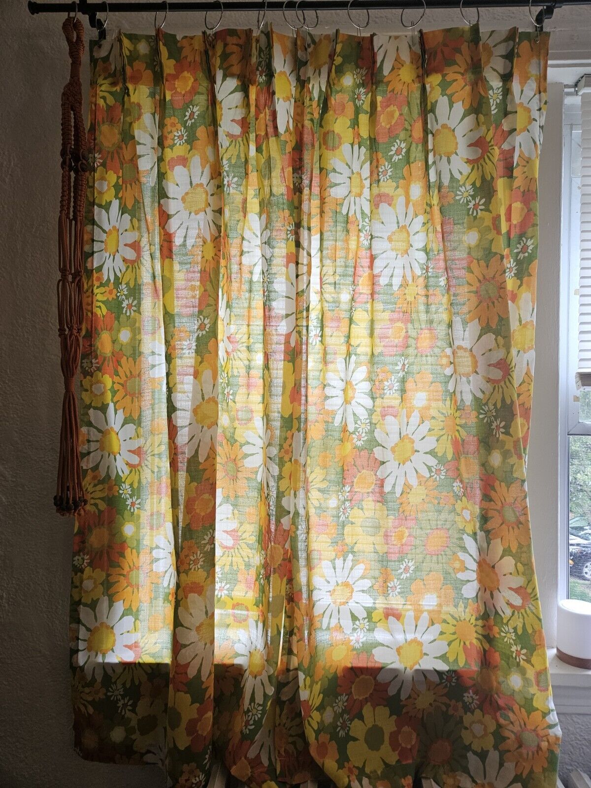 Vintage Retro Vivid Orange Flower Power Curtains Semi Shear 2 Panels Pleated