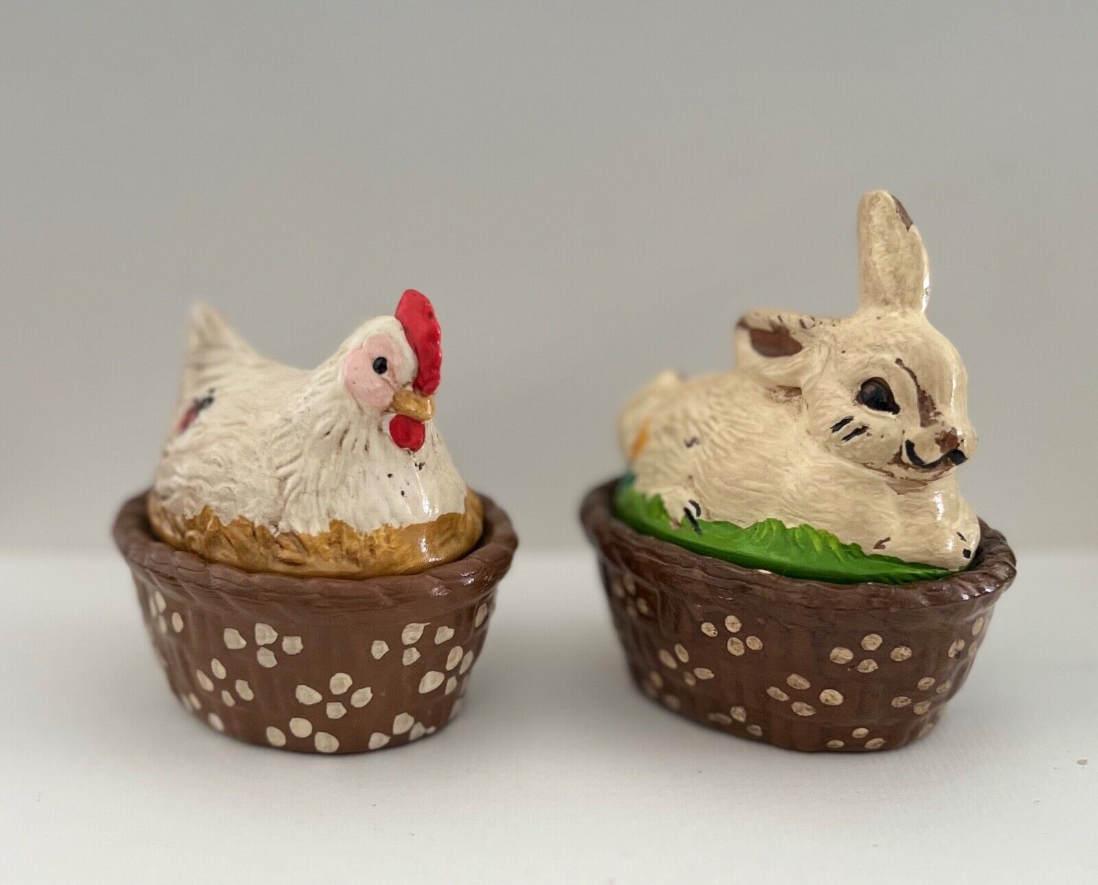 Vintage Lot Of 2 Ceramic Bunny & Hen in wicker basket - Trinket Box
