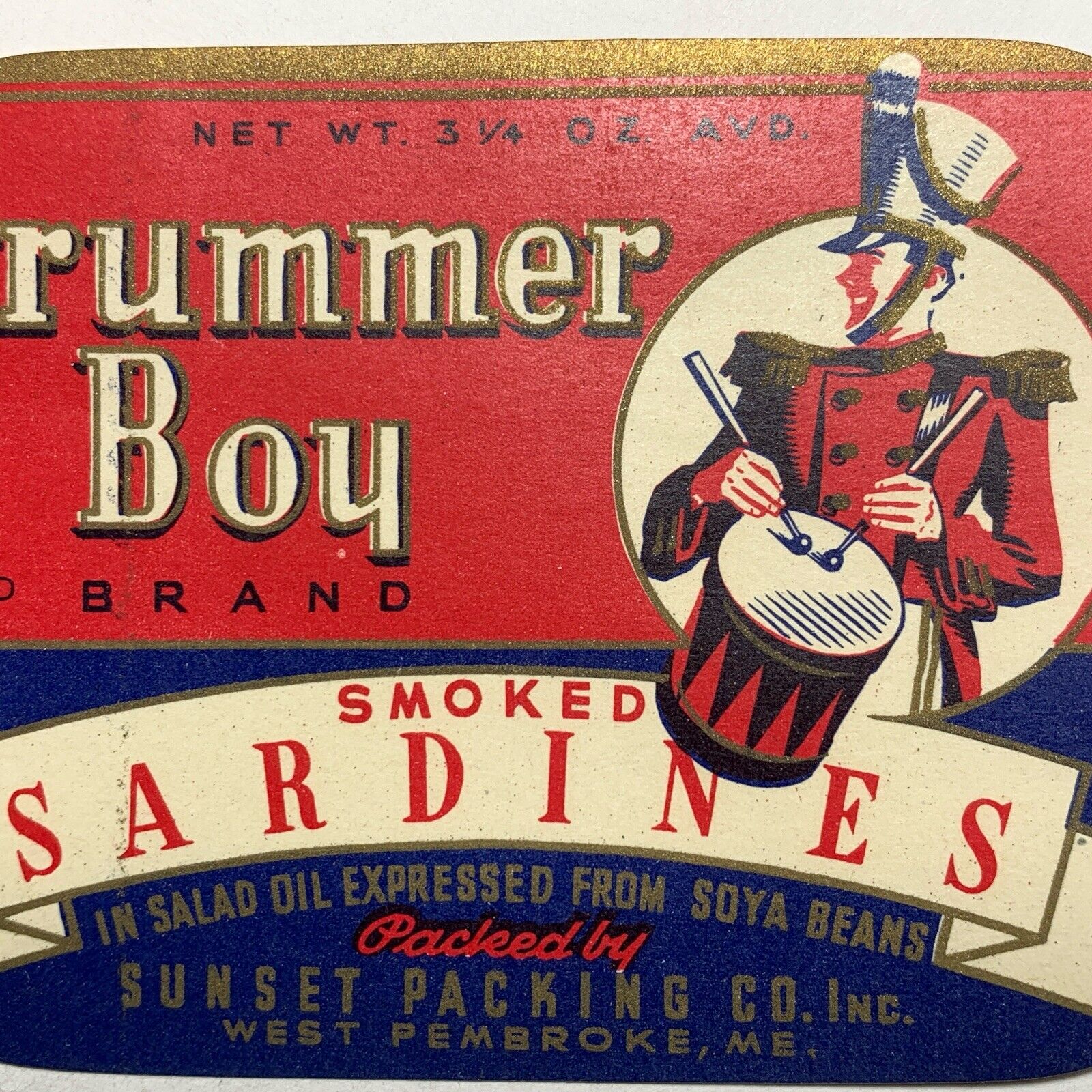 Patriotic Drummer Boy Sardine Can Label West Pembroke Maine Original C 1940s
