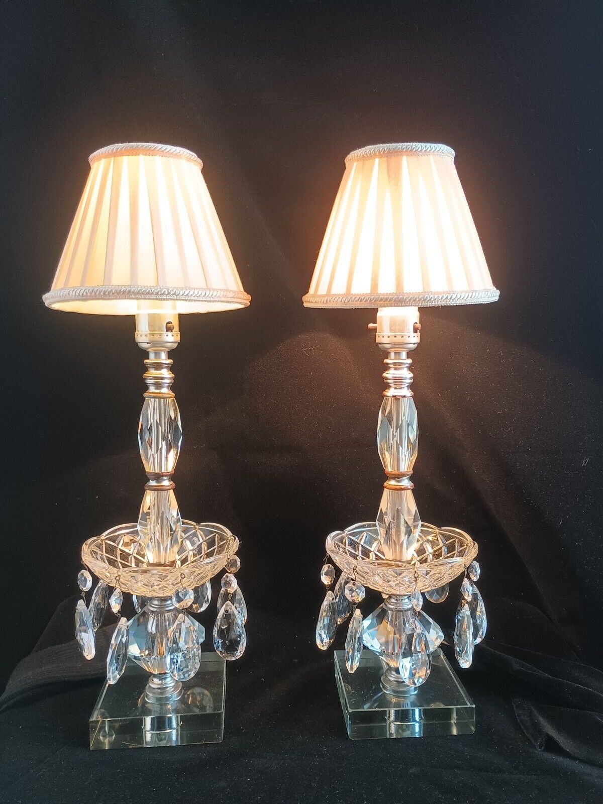 Pair 1930 Antique Lalique Style Crystal Candlestick Prism Lamp Hollywood Regency