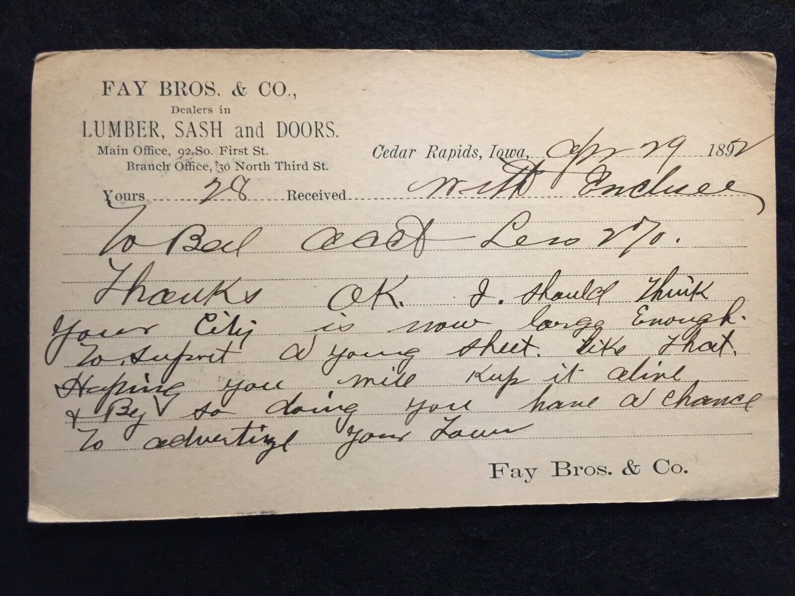 1892 **FAY BROS. AND CO.** (LUMBER DEALER) CEDAR RAPIDS, IOWA UX10 POSTAL CARD 