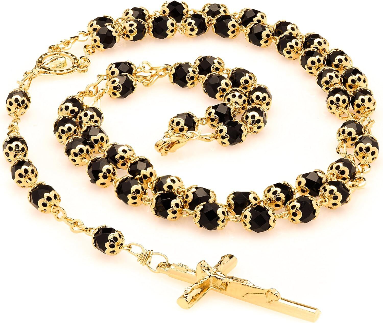 Rosary Necklace Black Crystal Prayer Beads 24K Real Gold Plated