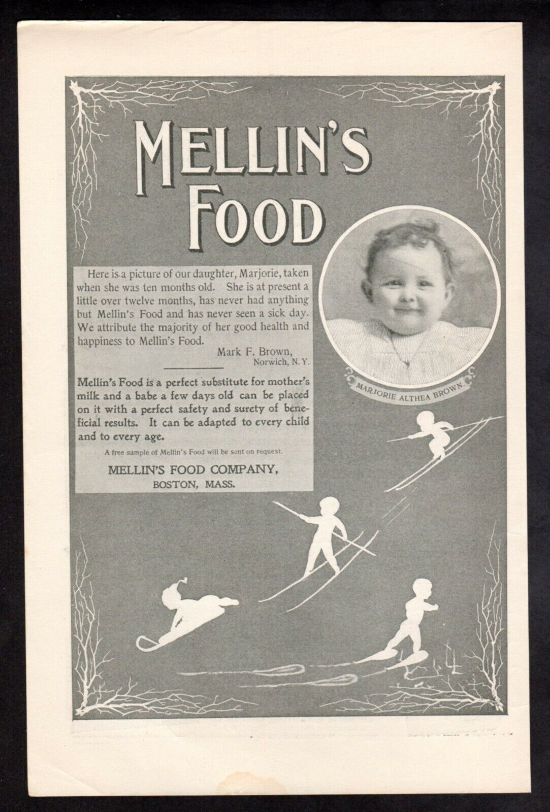 Vintage advertisement print ad 1899 Mellin\'s Food Marjorie Althea Brown Norwich 