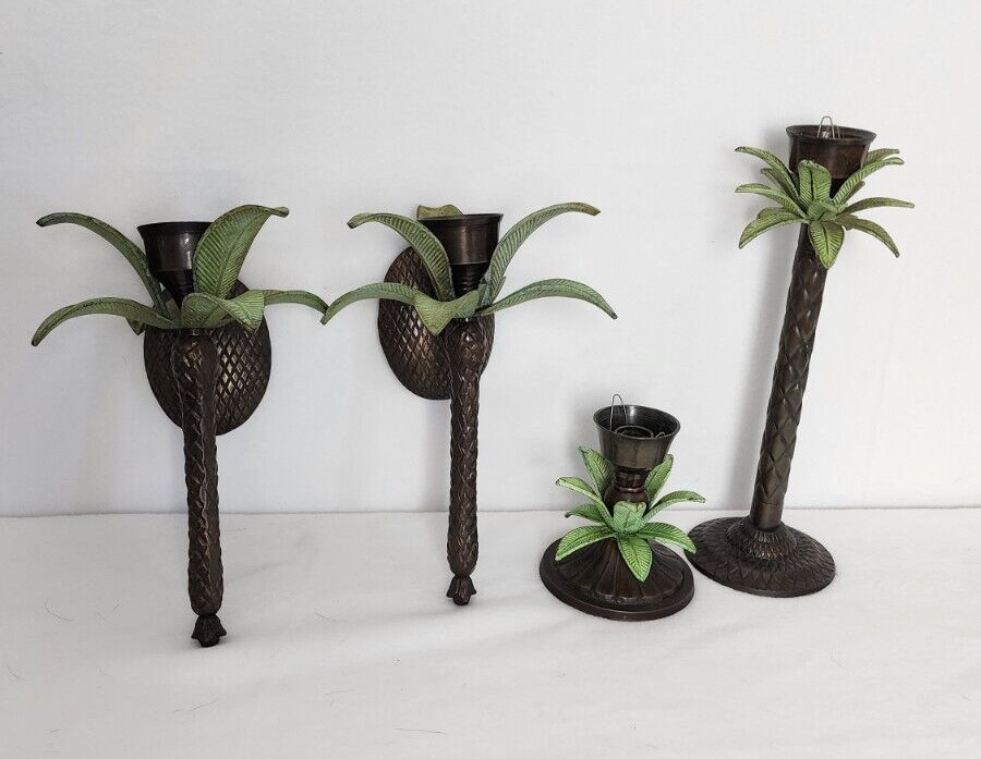 Hollywood Regency Brass Palm Trees 2 Candlesticks 2 Wall Sconces set of 4