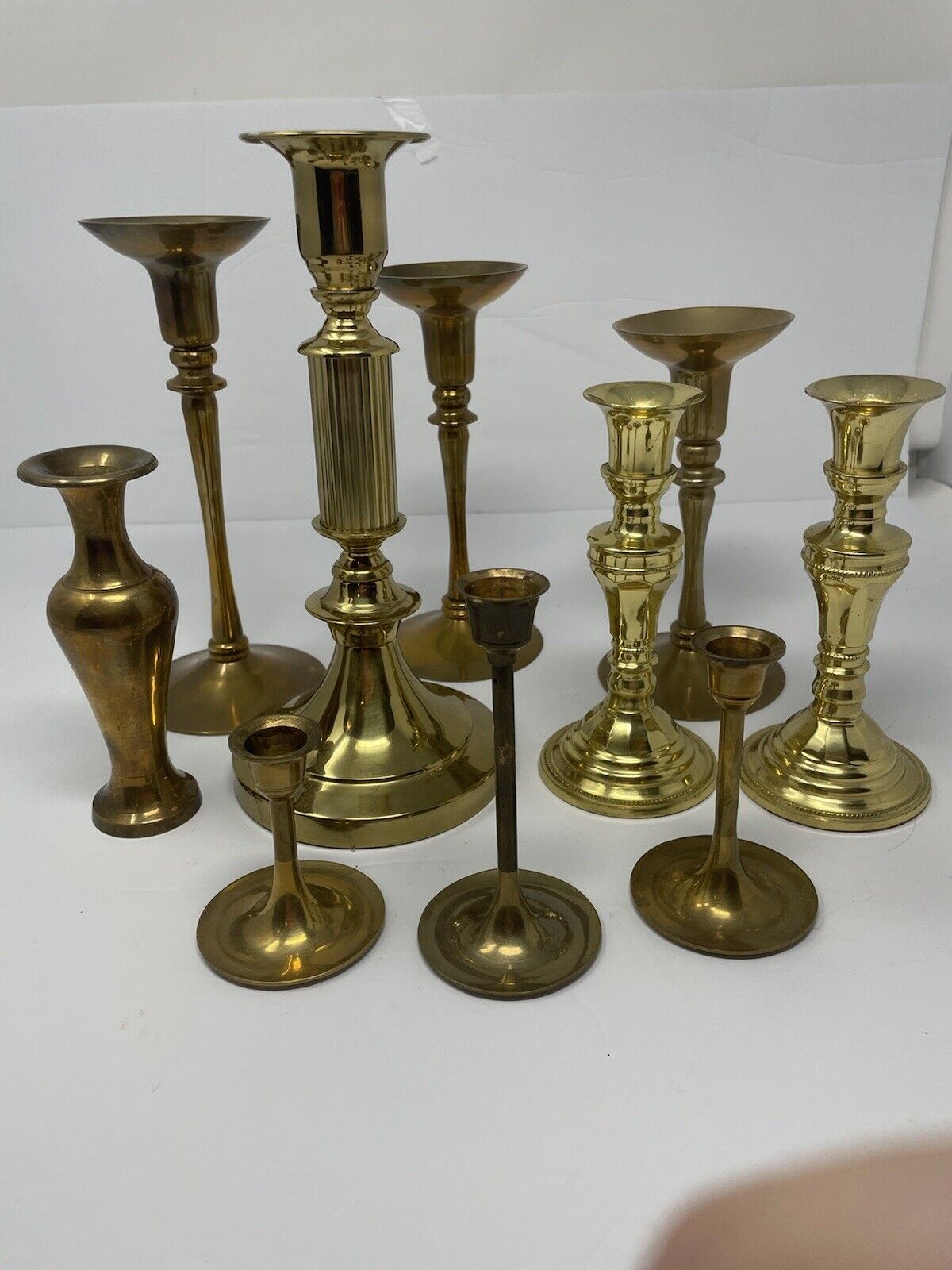 Solid Brass Candle Sticks/Holders Lot of 10 Various Sizes Pairs and Singles