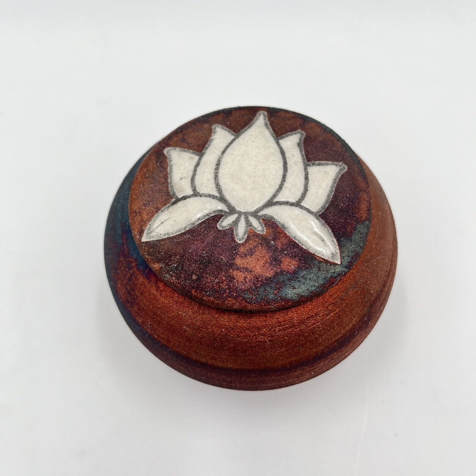 RAKU Art Pottery Dream Catcher Jar Lotus Flower Lid Signed 3 1/4\