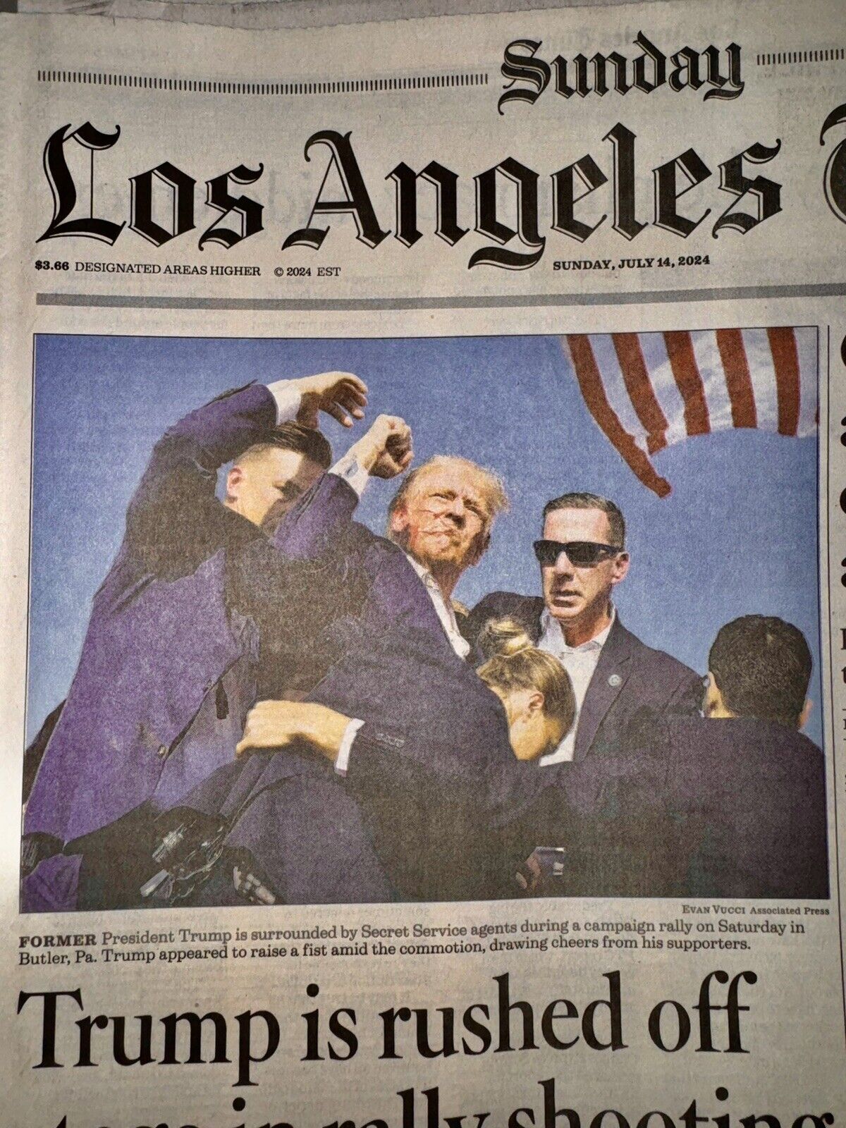 Donald Trump Survives Assassination Attempt Rally LA TIMES Newspaper 7/14/2024