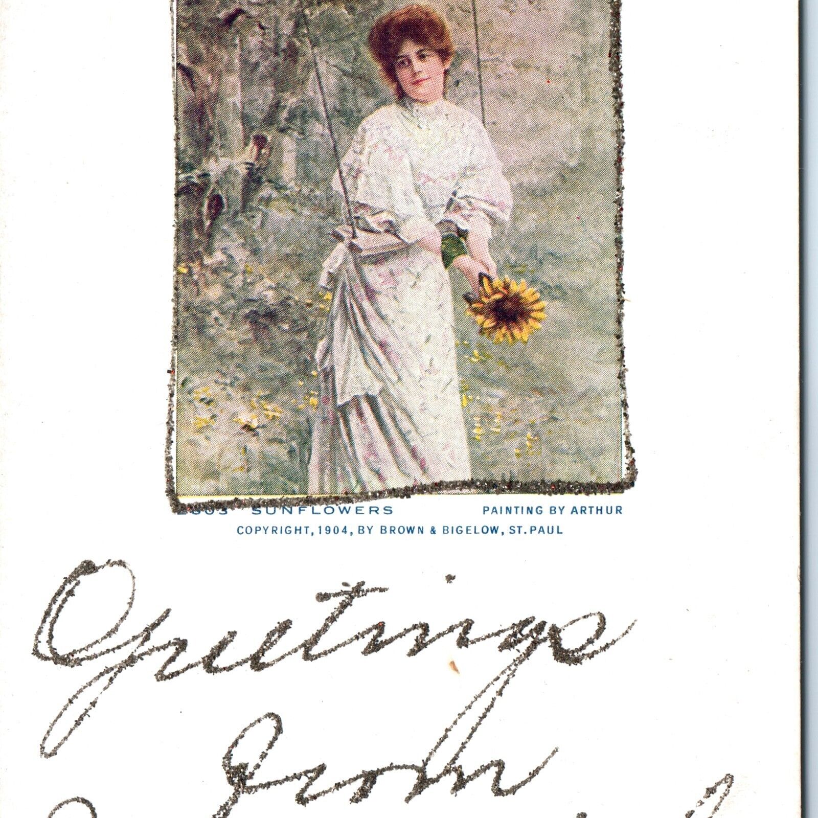 c1900s Minneapolis, MN Greetings Arthur Sunflowers Painting Brown & Bigelow A153