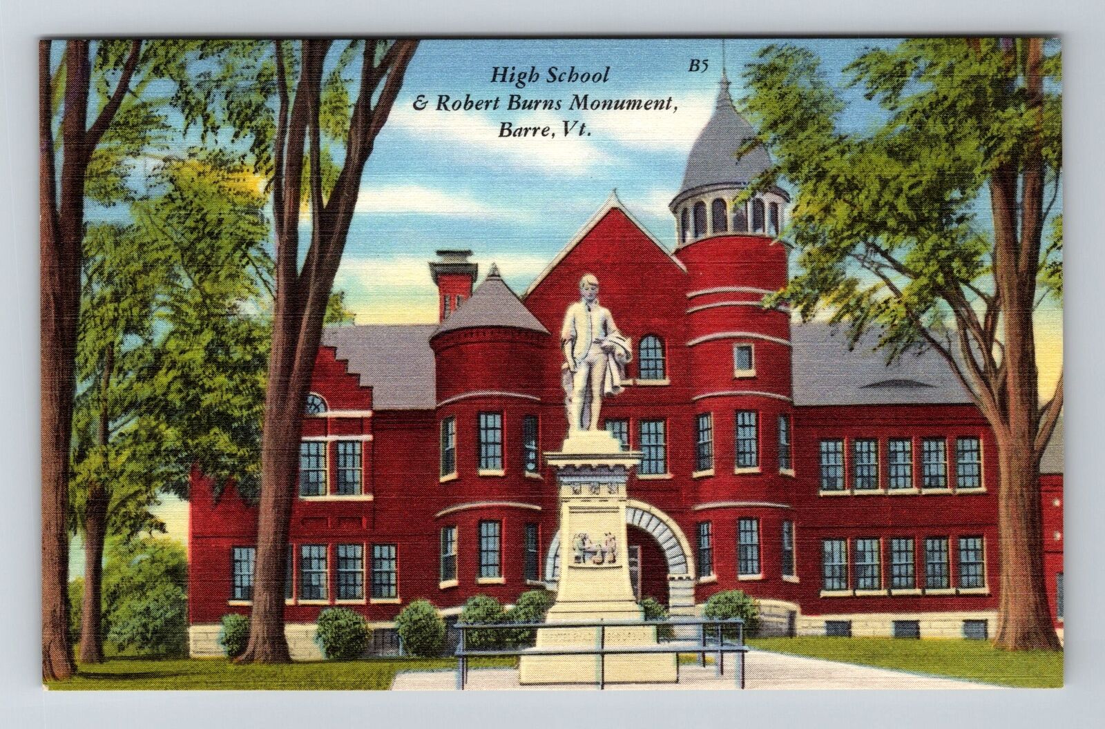 Barre VT-Vermont, High School, Robert Burns Monument Vintage Souvenir Postcard