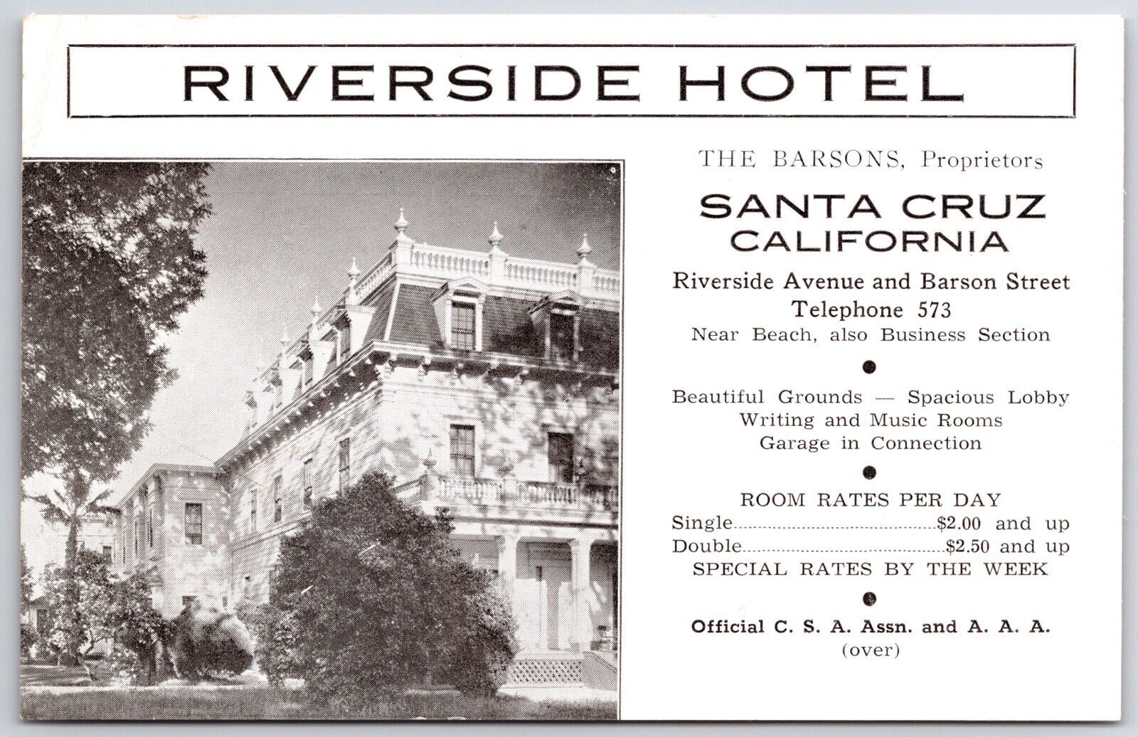 1920s Riverside Hotel Advertising Card Santa Cruz CA