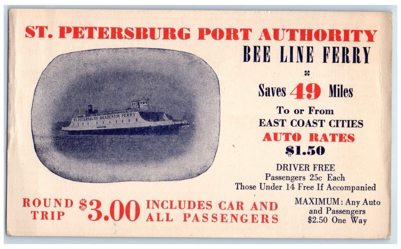 c1930 St Petersburg Port Authority Bee Line Ferry Winter Schedule Map Postcard