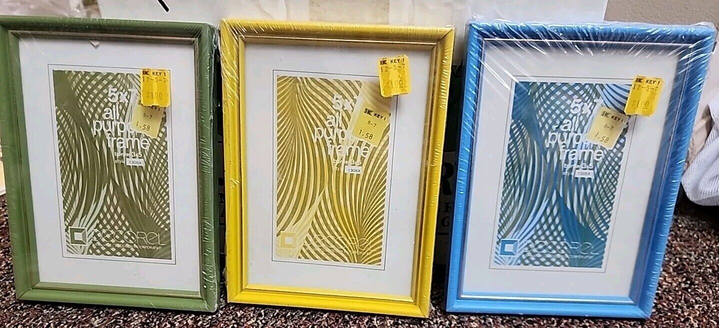 3 Vintage MCM 1970\'s Picture Frames Green Yellow Blue Decorel New Unopened 5x7 