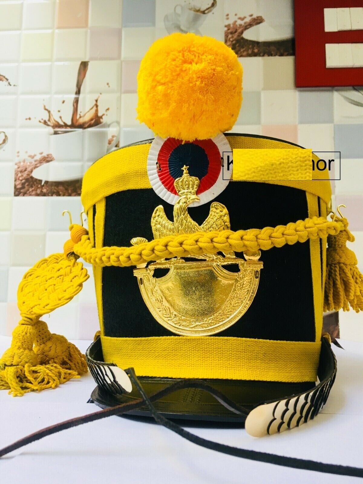 Napoleon Yellow Shako Helmet + Pompom + Cordon - French Napoleonic Shako Helmet