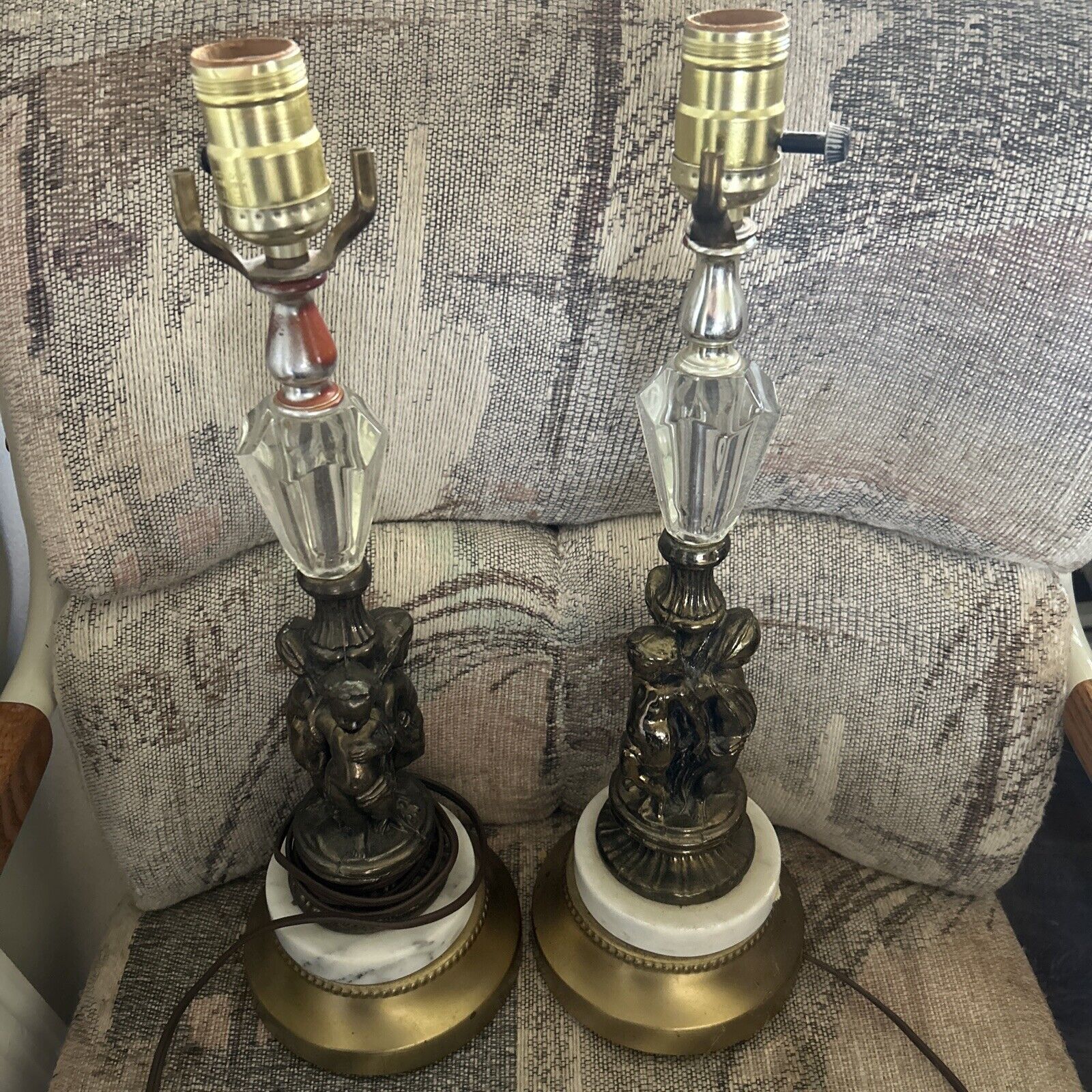 Vtg Pair Hollywood Regency Angel Cherub Boudoir Table Lamps Marble Brass Italy