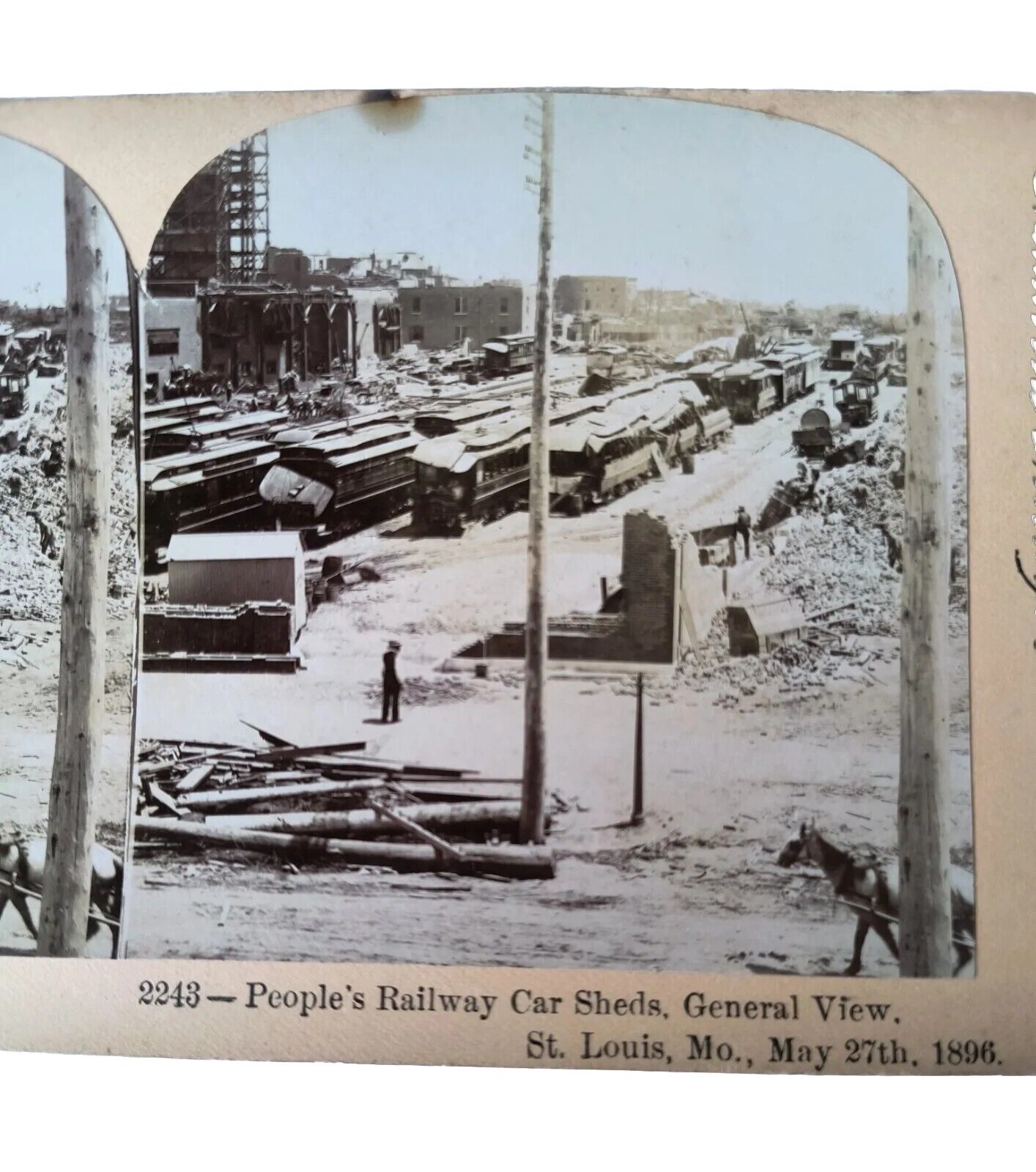 May 27th 1896 St. Louis MO Tornado Peoples Railway Car Sheds Stereoview L1