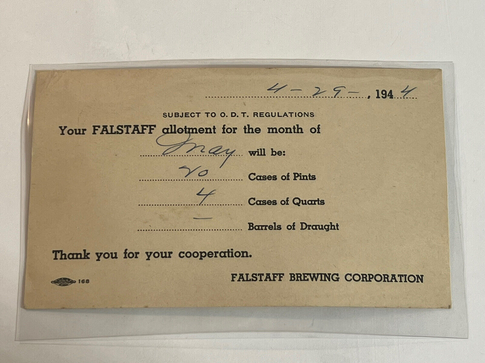 Falstaff Brewing corporation ￼Beer ration card ￼1944 St. Louis Missouri