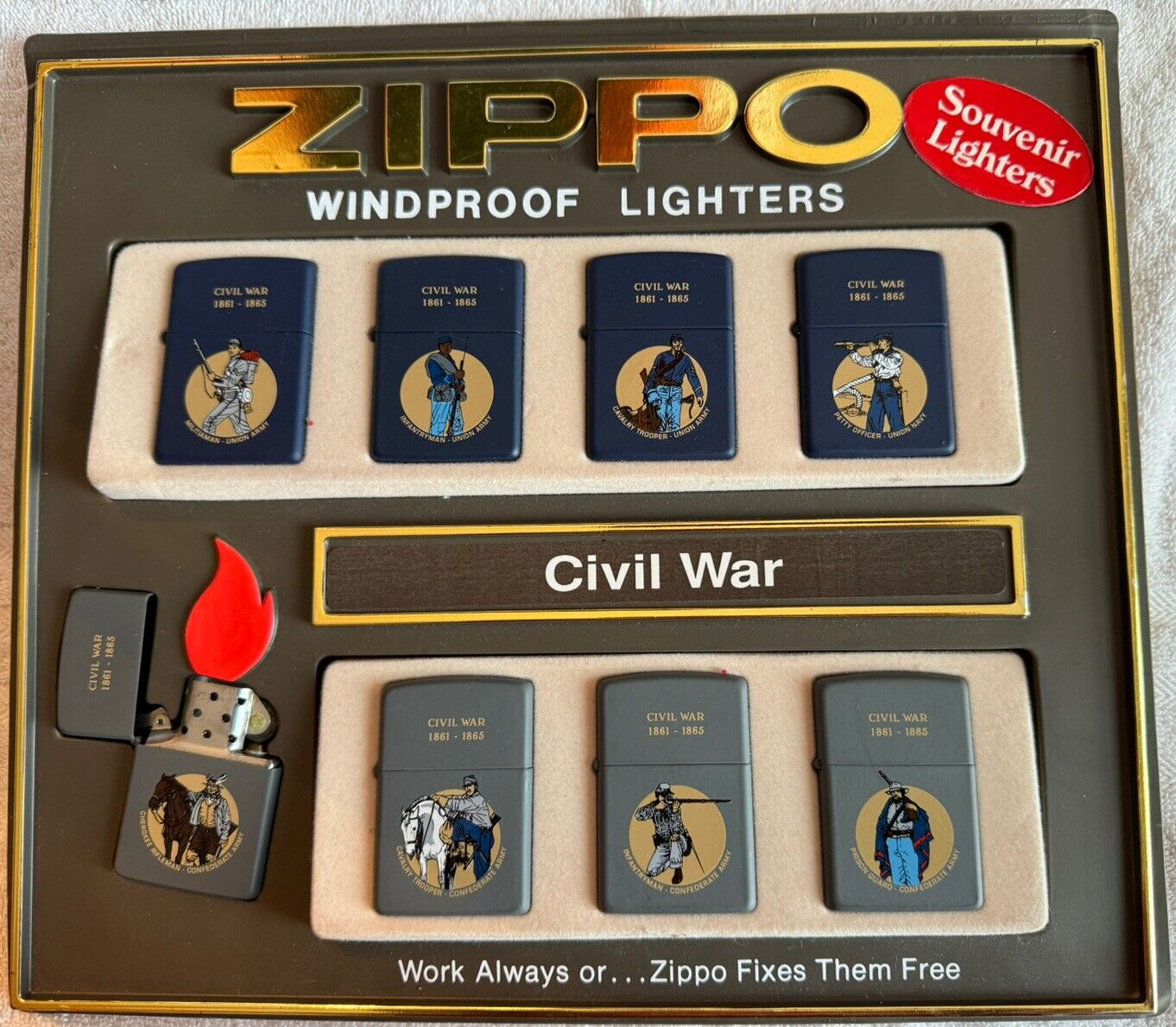 Vintage 1990 Civil War 8 Piece Zippo Lighter Collector Set With Display NEW RARE