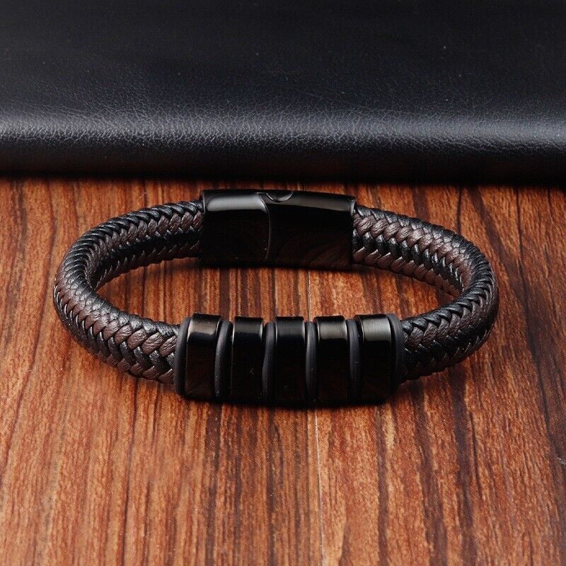 Men's Stainless Steel Magnetic Clasp Braided Cuff Leather Bracelet Wrist Bangle