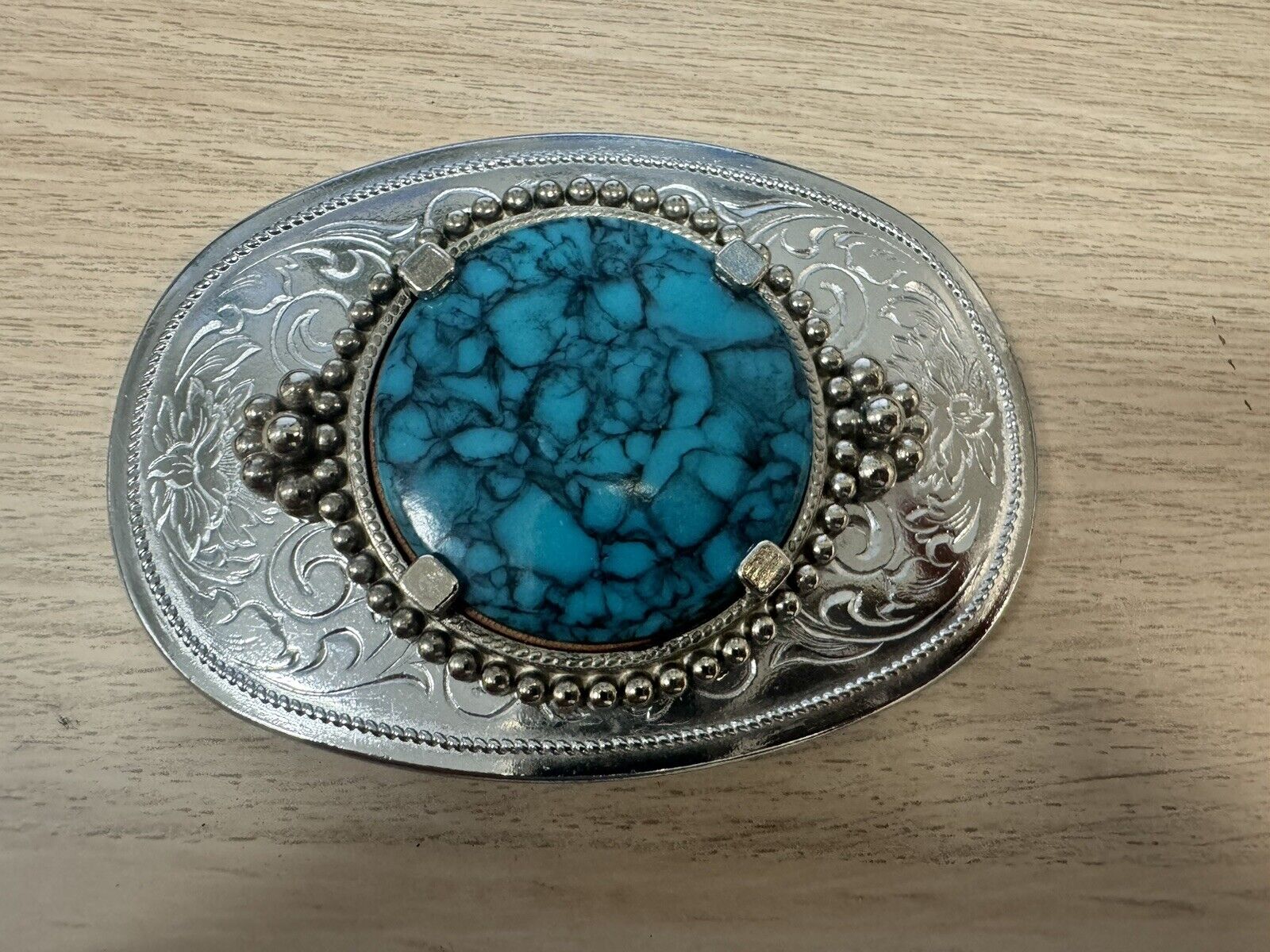 Beautiful Western Silver Tone and Faux Turquoise Belt Buckle 