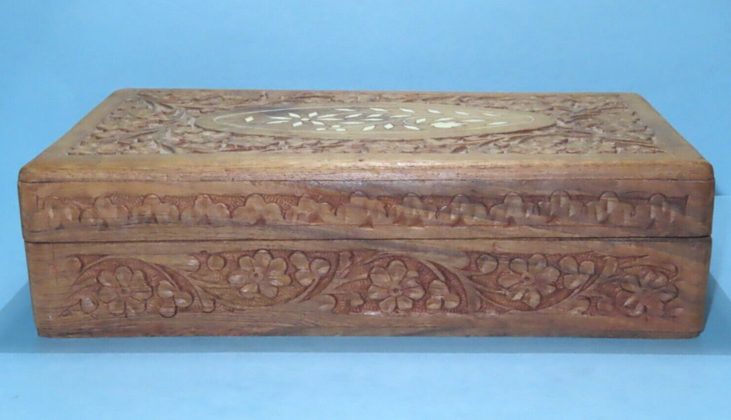 Vintage Hand Carved Wood Hinged Trinket Keepsake Box Floral Design 10\