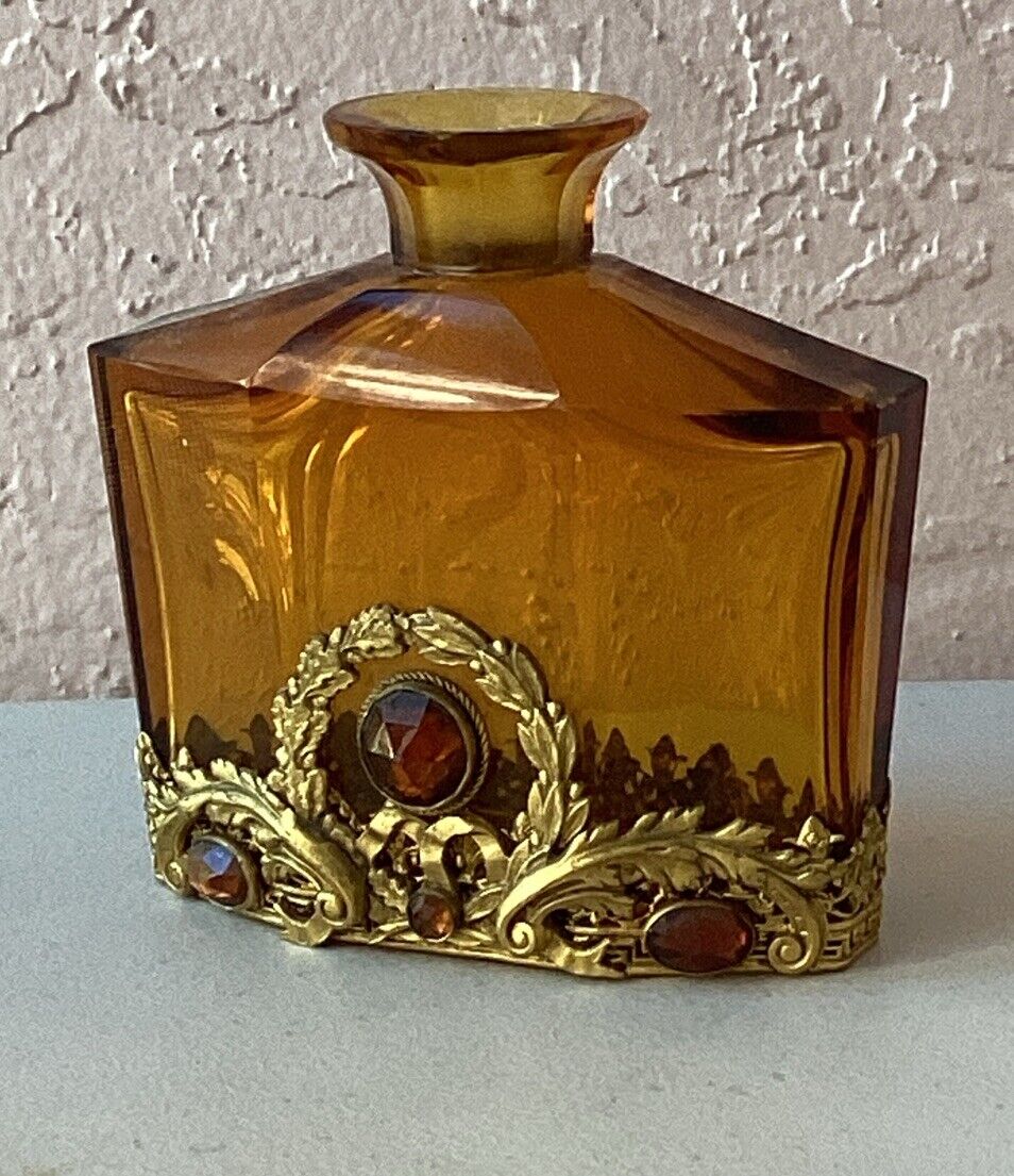 Vintage T&B Austria Amber Glass JEWELED PERFUME BOTTLE Decanter From Estate Home