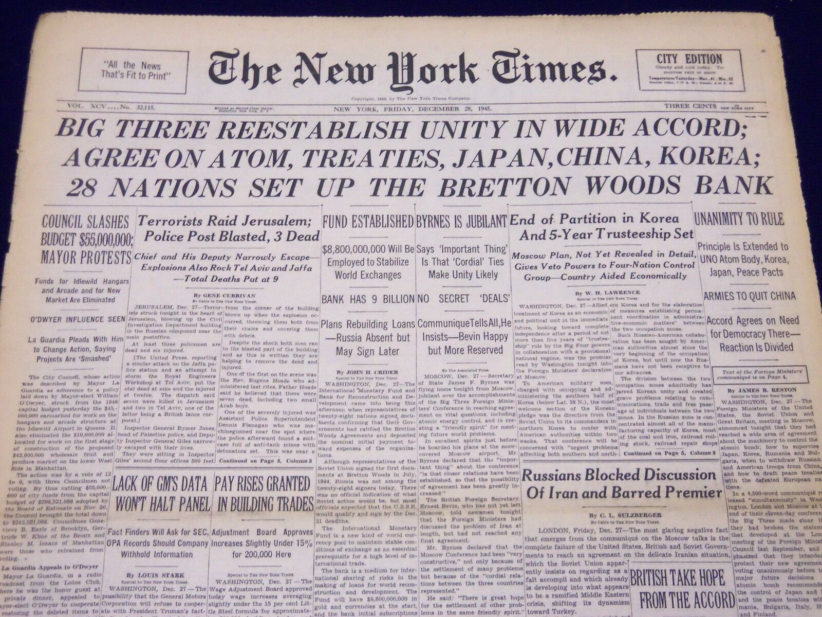 1945 DECEMBER 28 NEW YORK TIMES - BIG THREE REESTABLISH UNITY IN ACCORD - NT 268