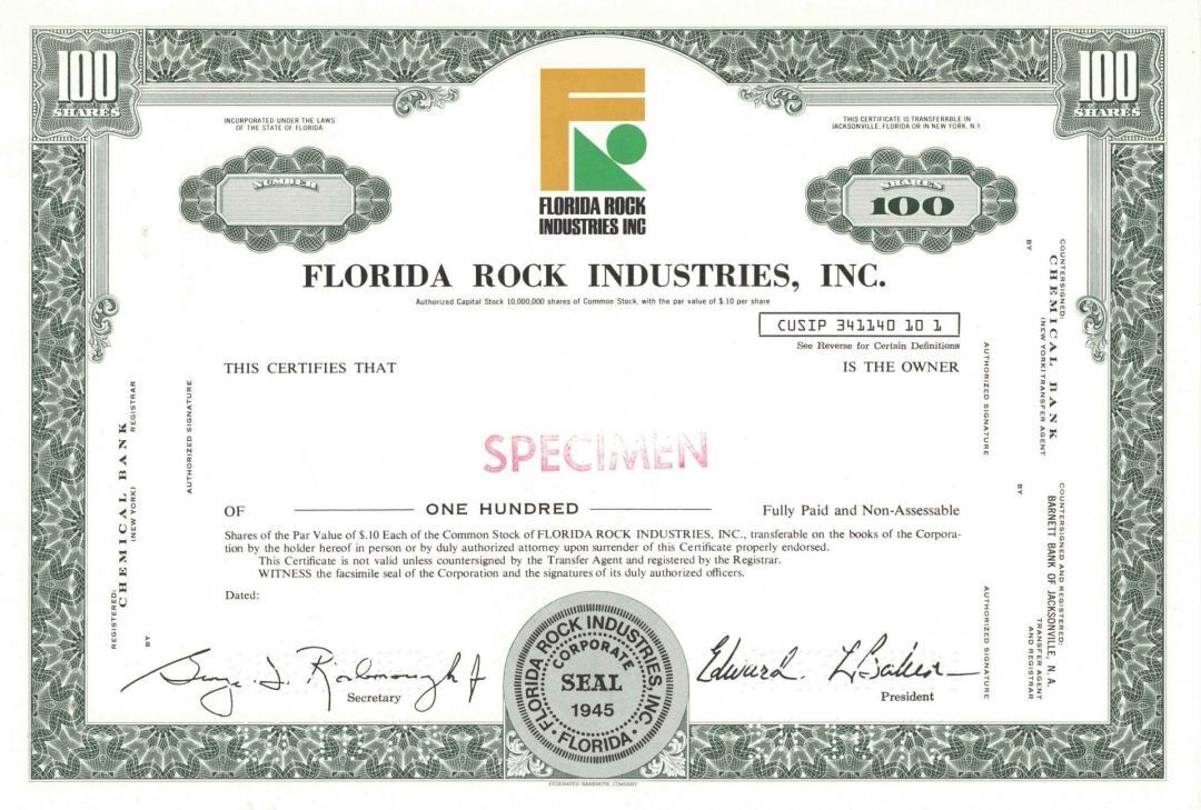 Florida Rock Industries, Inc. - Specimen Stock Certificate - Specimen Stocks & B
