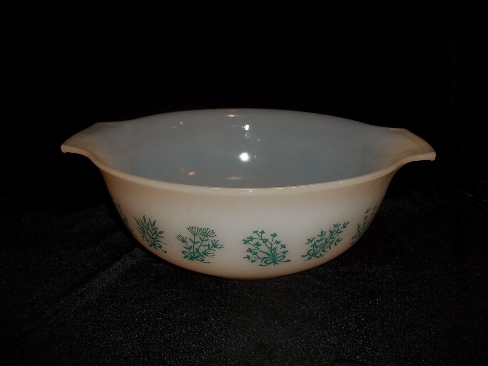Vtg Glasbake Cinderella Handle Mixing Bowl J2357 Turquoise Flowers Herbs Rare