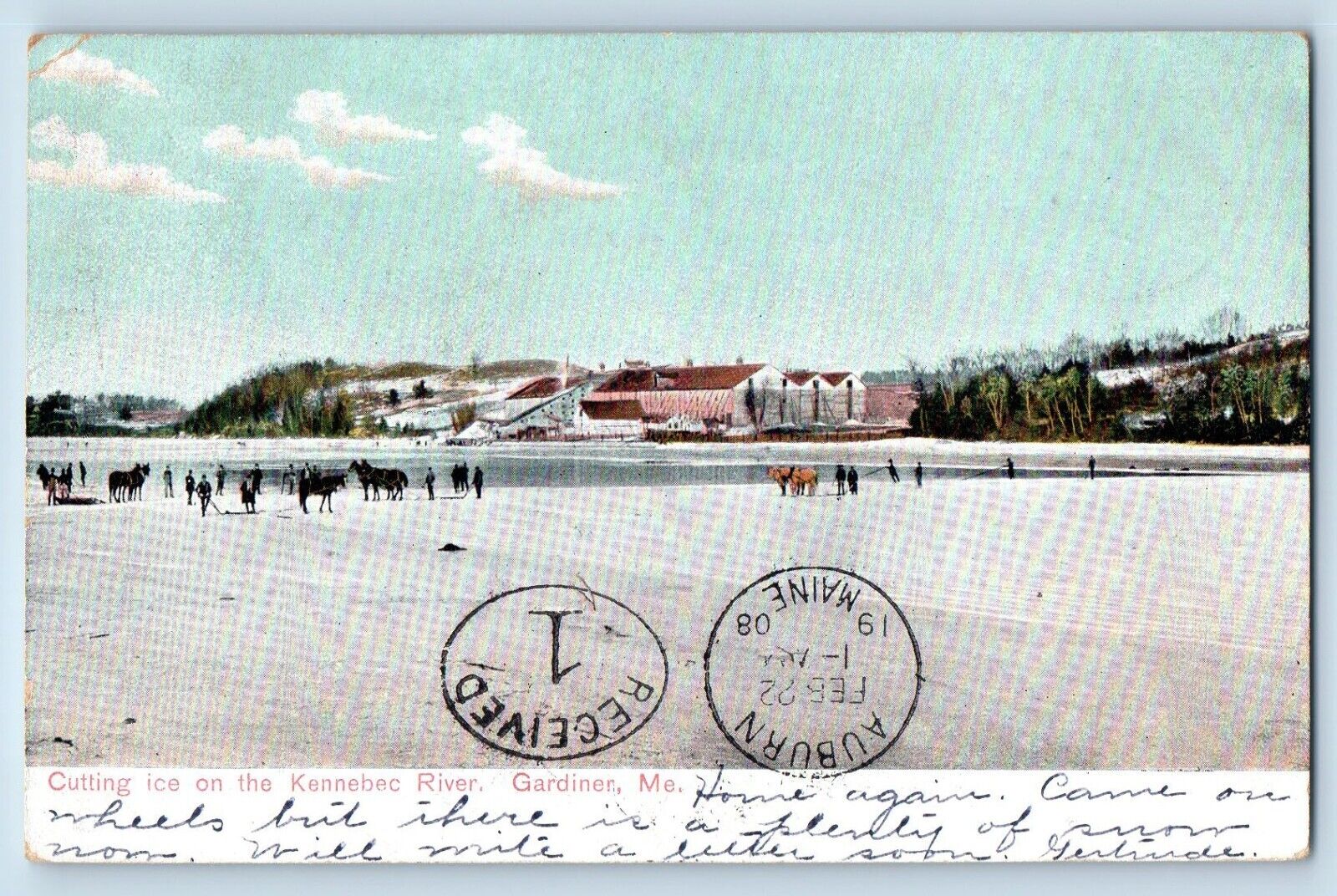 Gardiner Maine Postcard Cutting Ice Kennebec River Exterior 1908 Vintage Antique