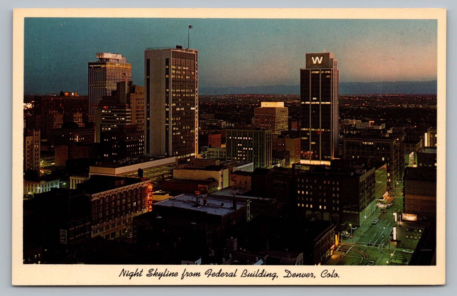 Denver CO Night Skyline From Federal Building Western Savings Bank Postcard F2