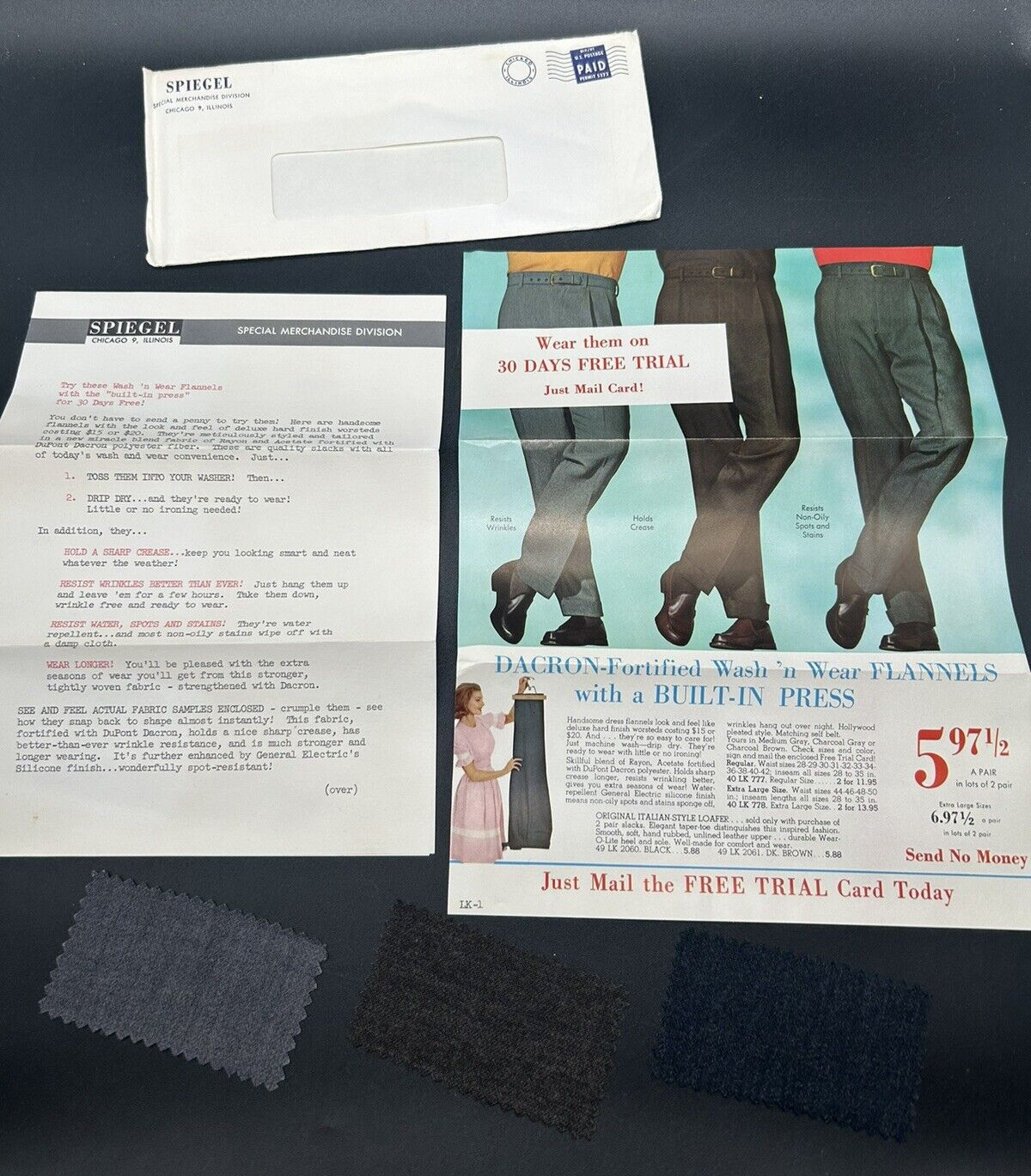 Vtg. 1961 Chicago, Illinios Spiegel Mail Order Pants Ads & Flannel Swatches