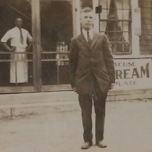 1930s Syracuse, NY Store Front Signs Identified Men  Photo Vtg Original Snapshot
