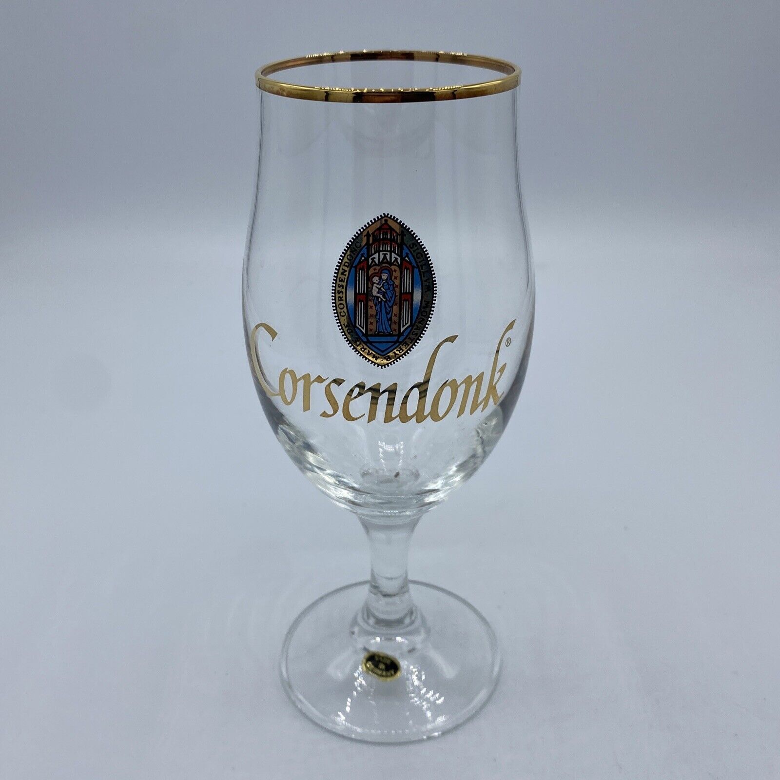 CORSENDONK Stemmed Tulip Beer Glass Gold Rim BELGIAN ~ 6 1/2” Tall.  New