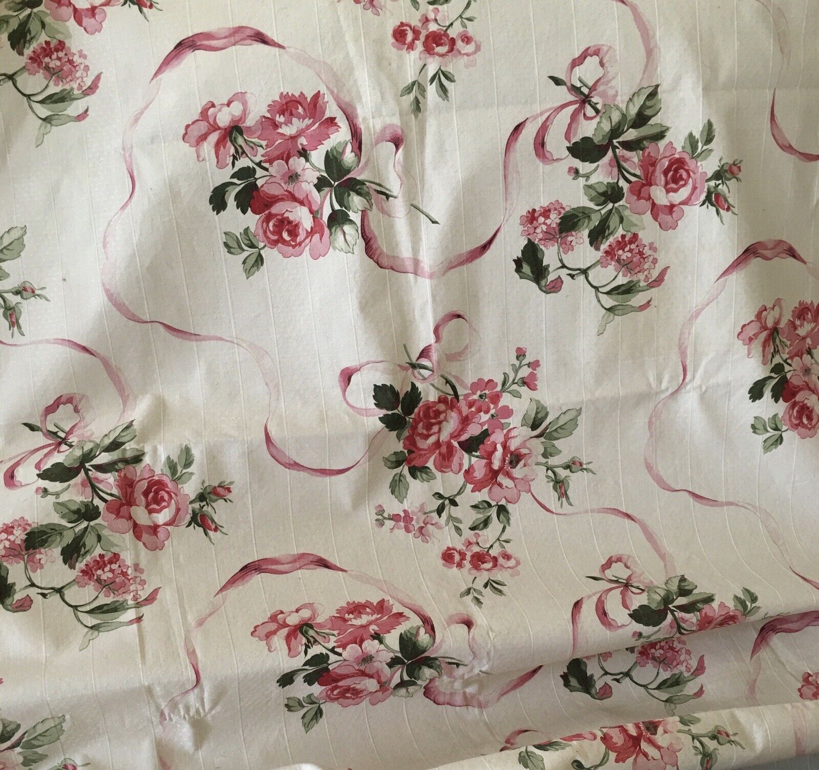 Gorgeous  19thc Antique French Floral Roses Ribbon Garland Cotton Fabric ~ Pink