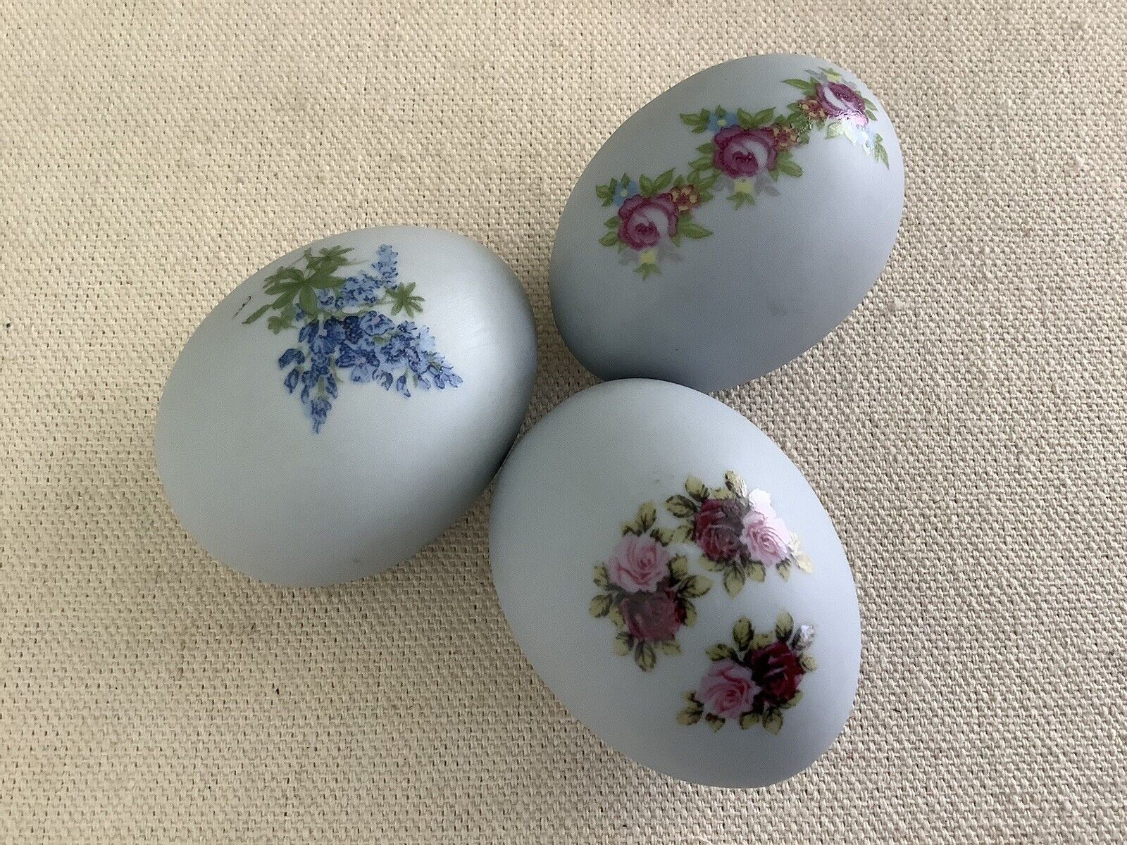 Lot Of 3 Vtg Baby Blue Porcelain Eggs, Hand Painted, 1 Artist Signed