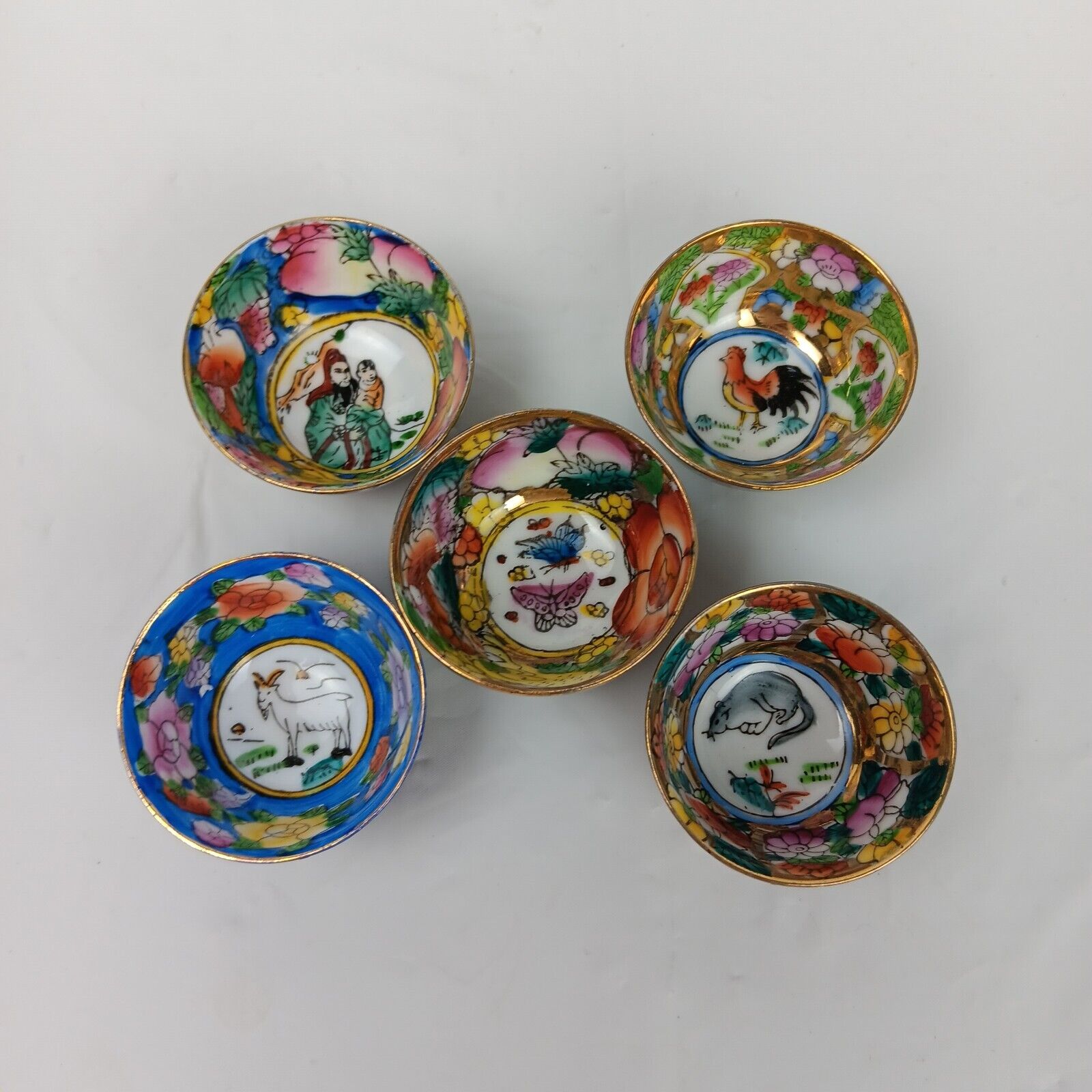 5 Chinese Zodiac Animal Miniature Porcelain Floral Teacup Sake Bowl