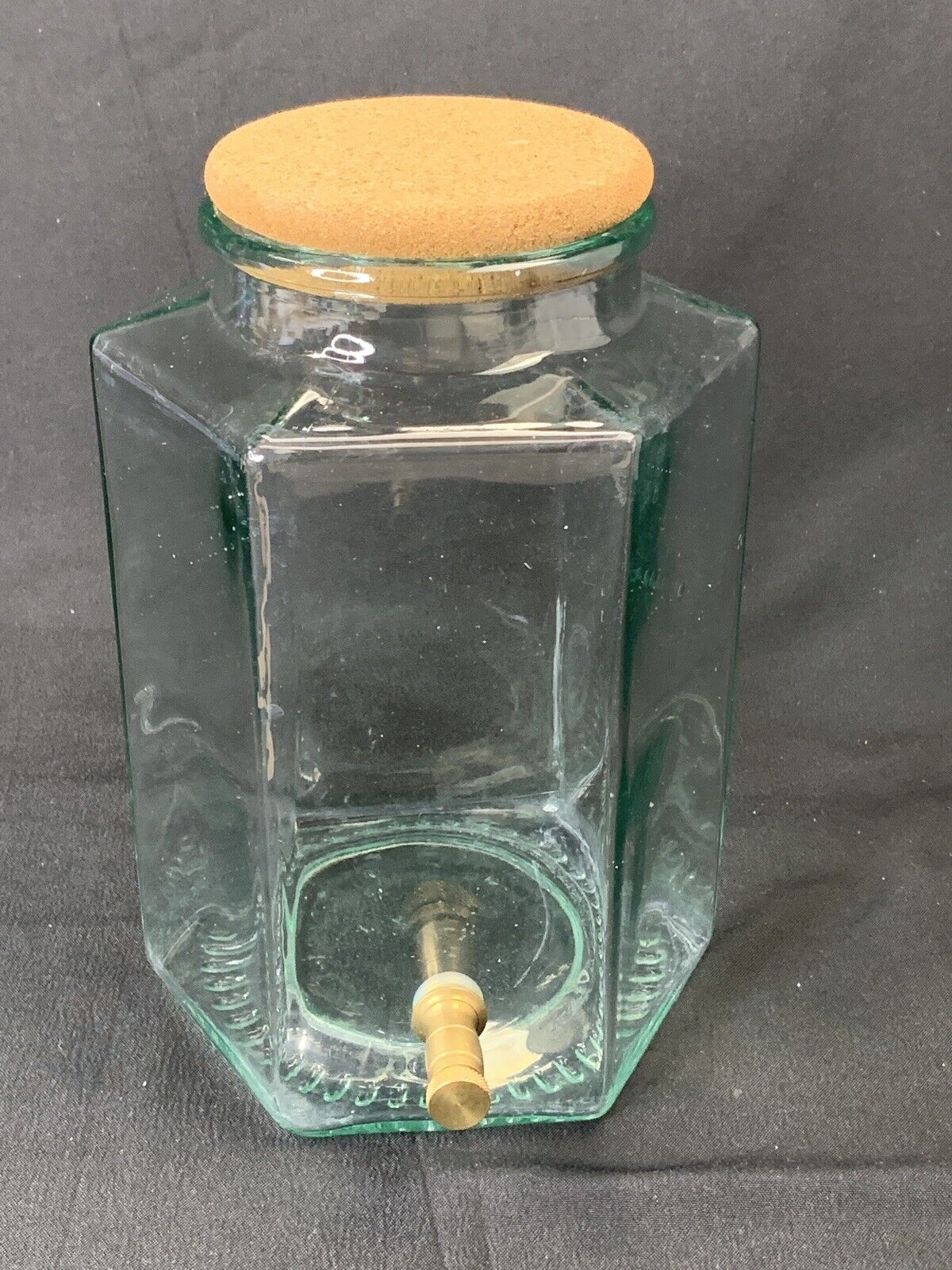 SVE Italy Green Glass Beverage Dispenser with Brass Spigot Cork Top Hexagon Rare
