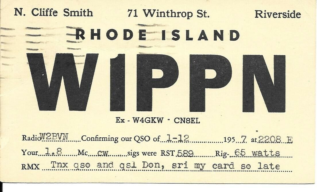 QSL 1957 Riverside Rhode island   radio card
