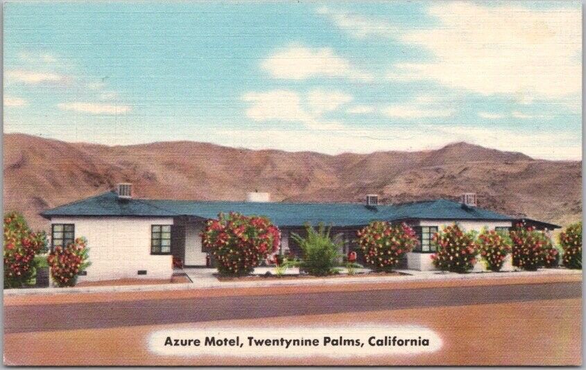 Vintage 1950s TWENTYNINE PALMS, California Postcard AZURE MOTEL Roadside Linen